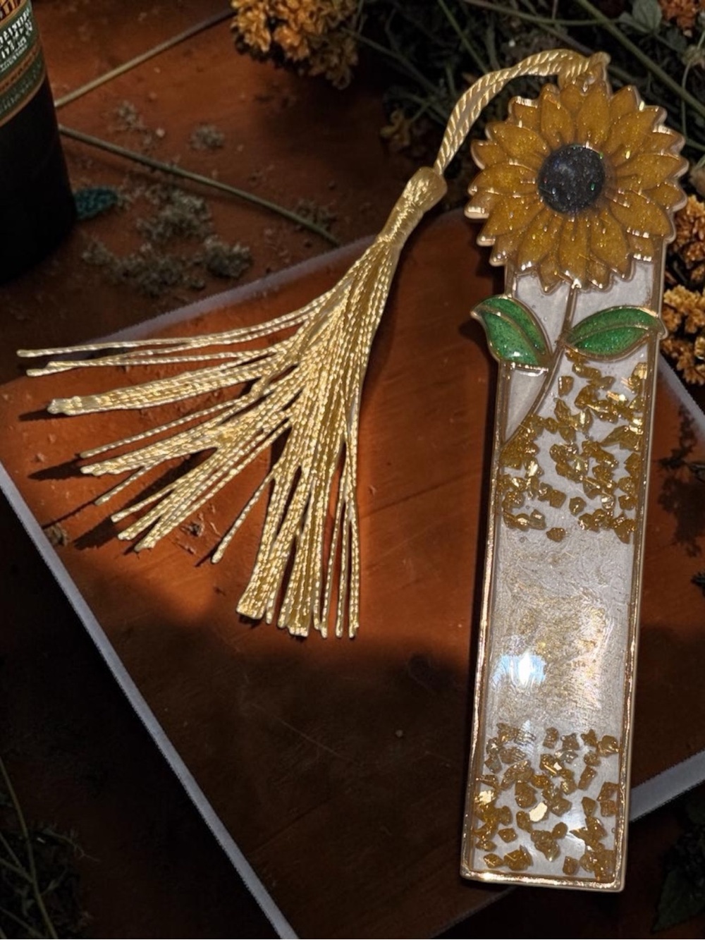 Hand Crafted Gold & White Sunflower Tassel Bookmark